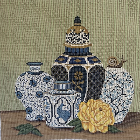 JP Hand-painted Needlepoint Canvas Blue Pots Yellow Peony Ginger Jar Vases Snail - Picture 2 of 7